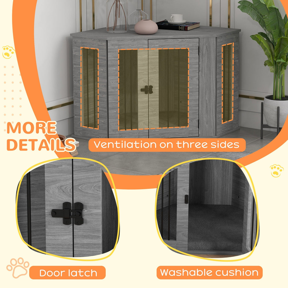 Stylish Corner Dog Crate Furniture with Cushion - Grey, PawHut,