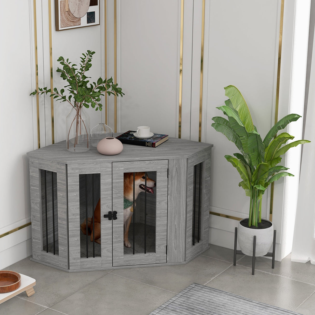 Stylish Corner Dog Crate Furniture with Cushion - Grey, PawHut,