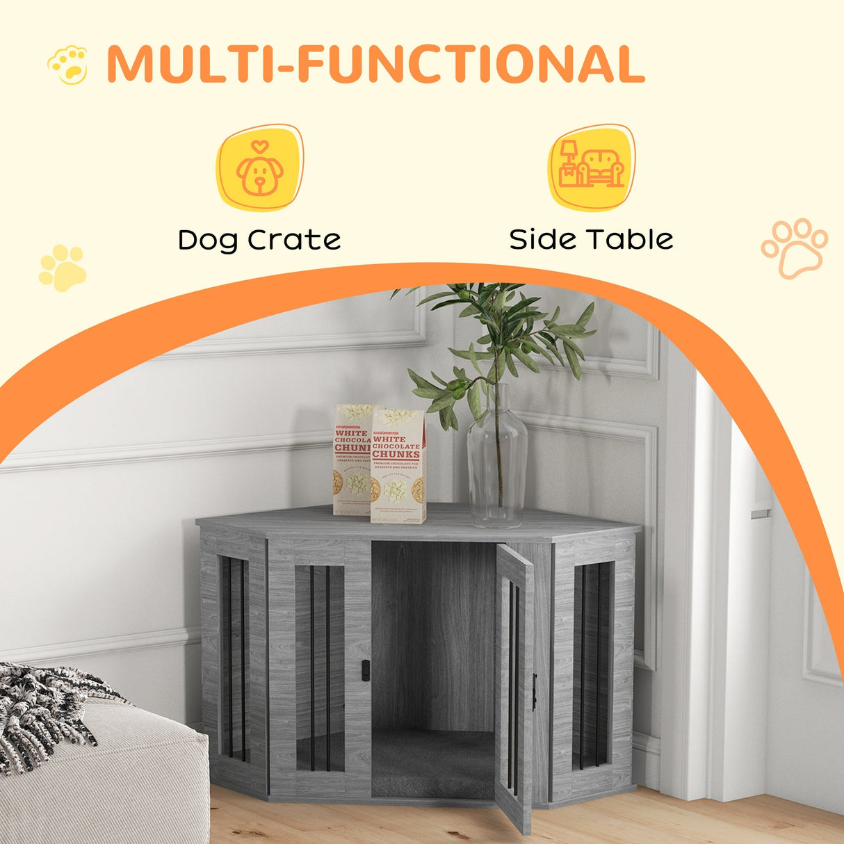 Stylish Corner Dog Crate Furniture with Cushion - Grey, PawHut,