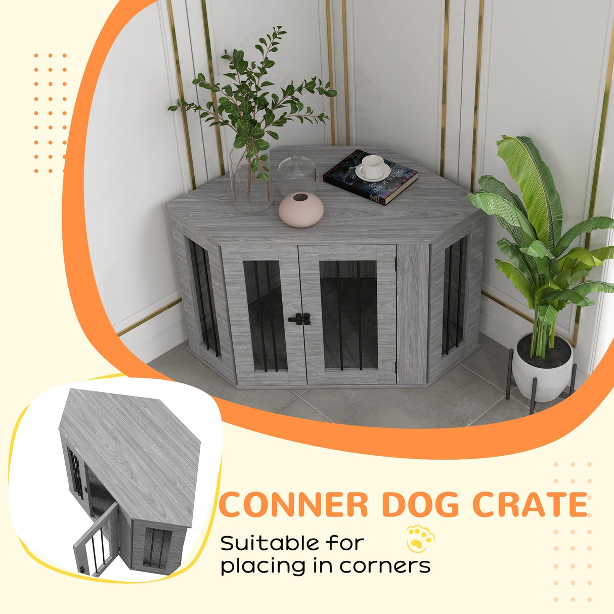 Stylish Corner Dog Crate Furniture with Cushion - Grey, PawHut,