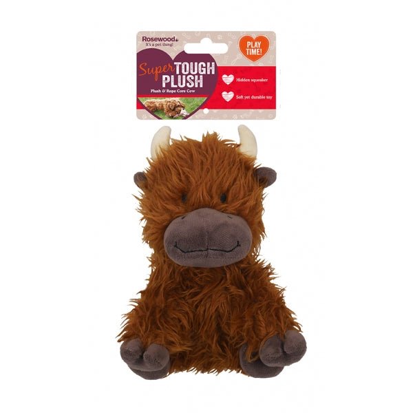 Super Tough Plush Rope Core Cow Dog Toy x3, Rosewood,