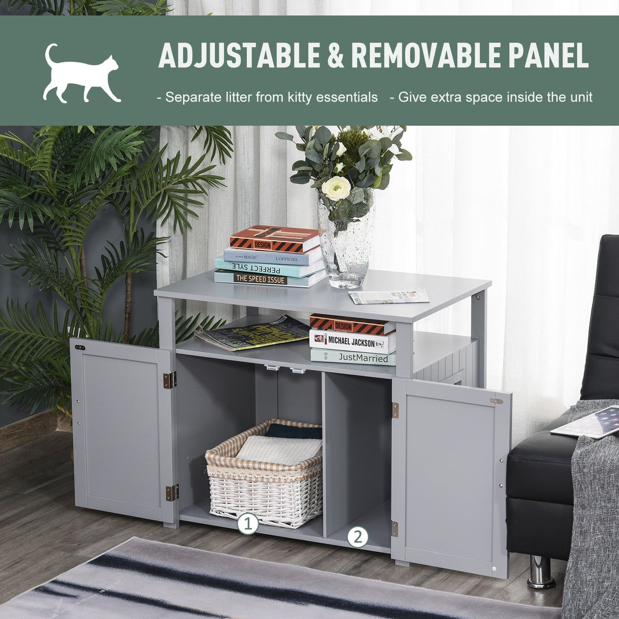 Tabletop Cat Litter Box Furniture with Storage Shelves, PawHut, Grey