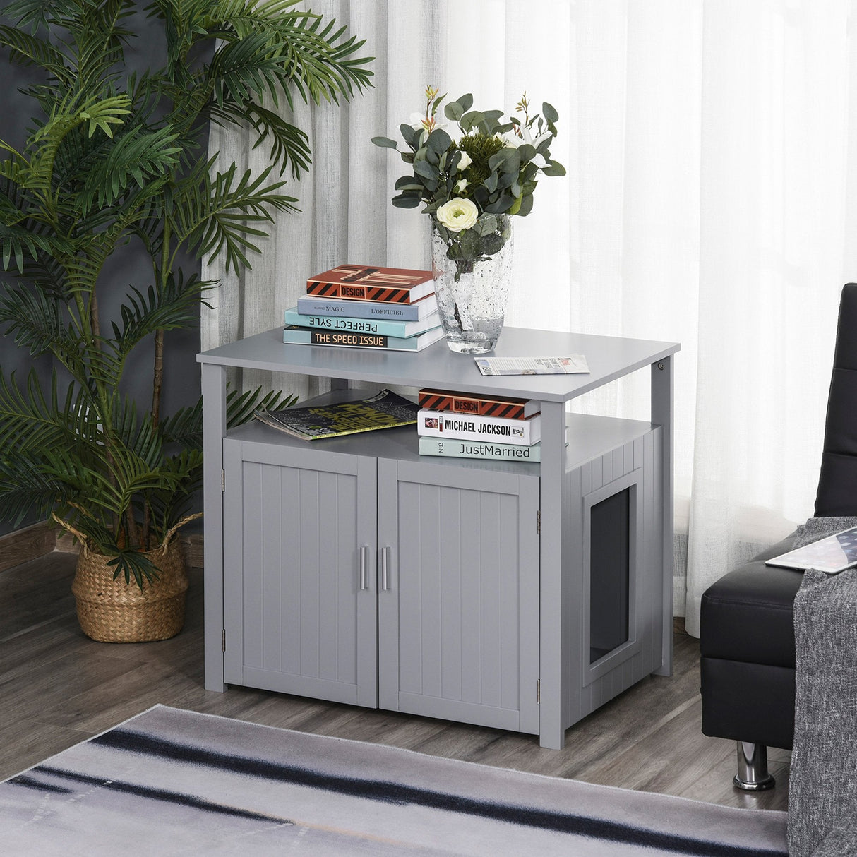 Tabletop Cat Litter Box Furniture with Storage Shelves, PawHut, Grey