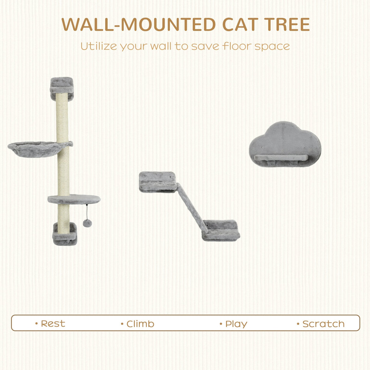 Three-Piece Wall-Mounted Cat Shelves, with Hammock, Ladder, Platforms, Scratching Post - Grey, PawHut,