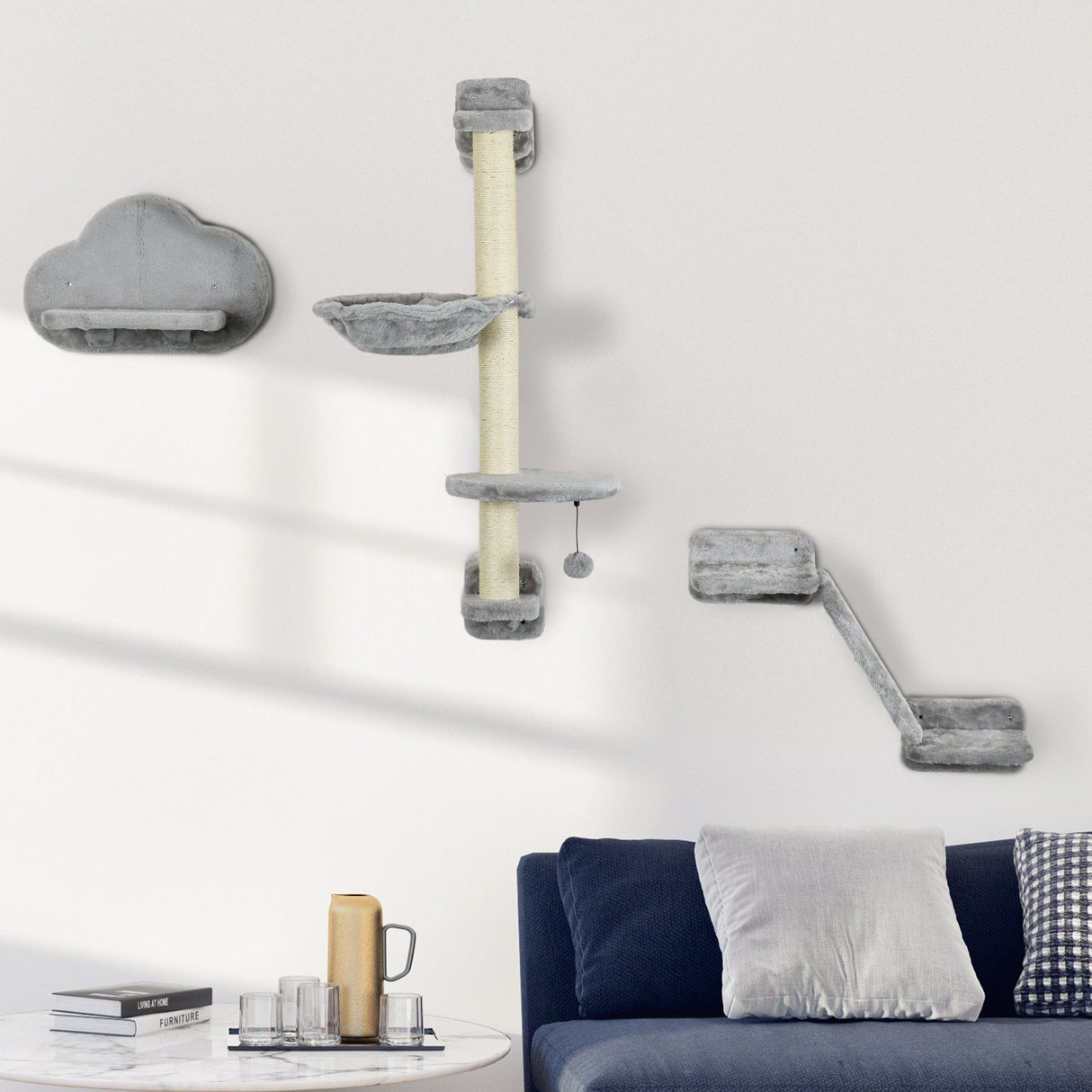 Three-Piece Wall-Mounted Cat Shelves, with Hammock, Ladder, Platforms, Scratching Post - Grey, PawHut,