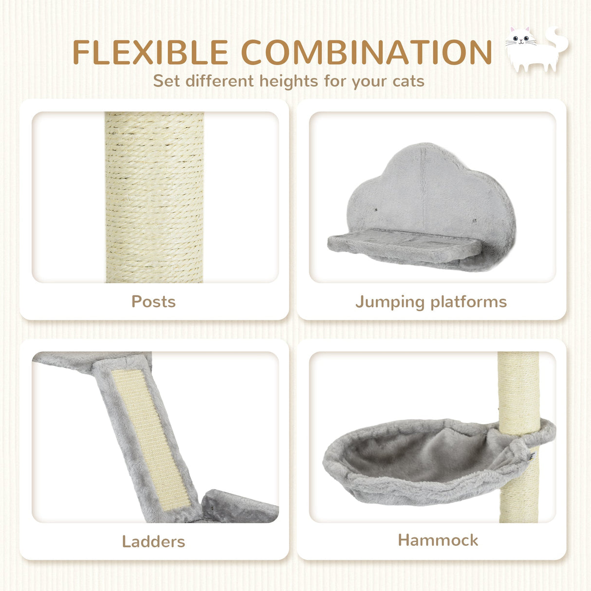 Three-Piece Wall-Mounted Cat Shelves, with Hammock, Ladder, Platforms, Scratching Post - Grey, PawHut,