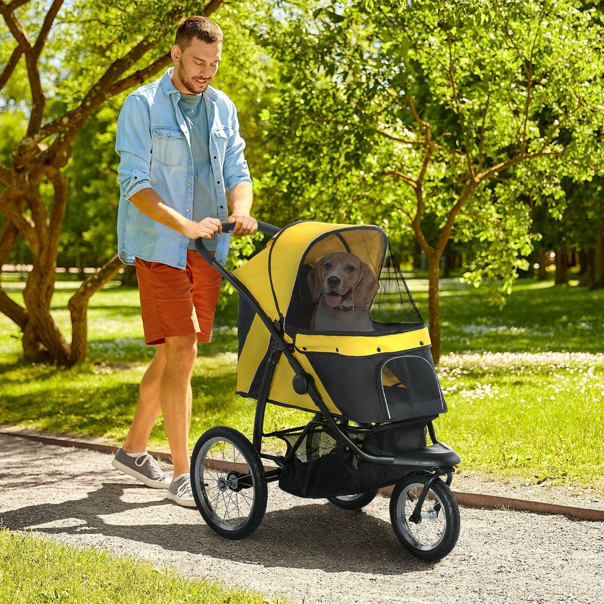 Three - Wheel Foldable Pet Stroller for Small/Medium Dogs, PawHut, Yellow