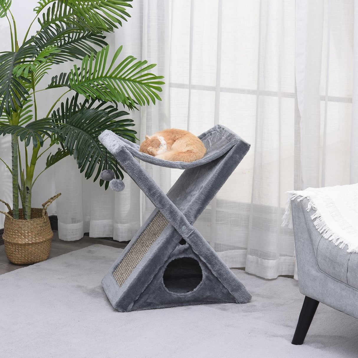 Two Tier Cat Tree for Indoor Cats Play Rest Activity Tower Plush Folding Relax Center w/ Scratching Post Hammock Pom Poms Grey, PawHut,