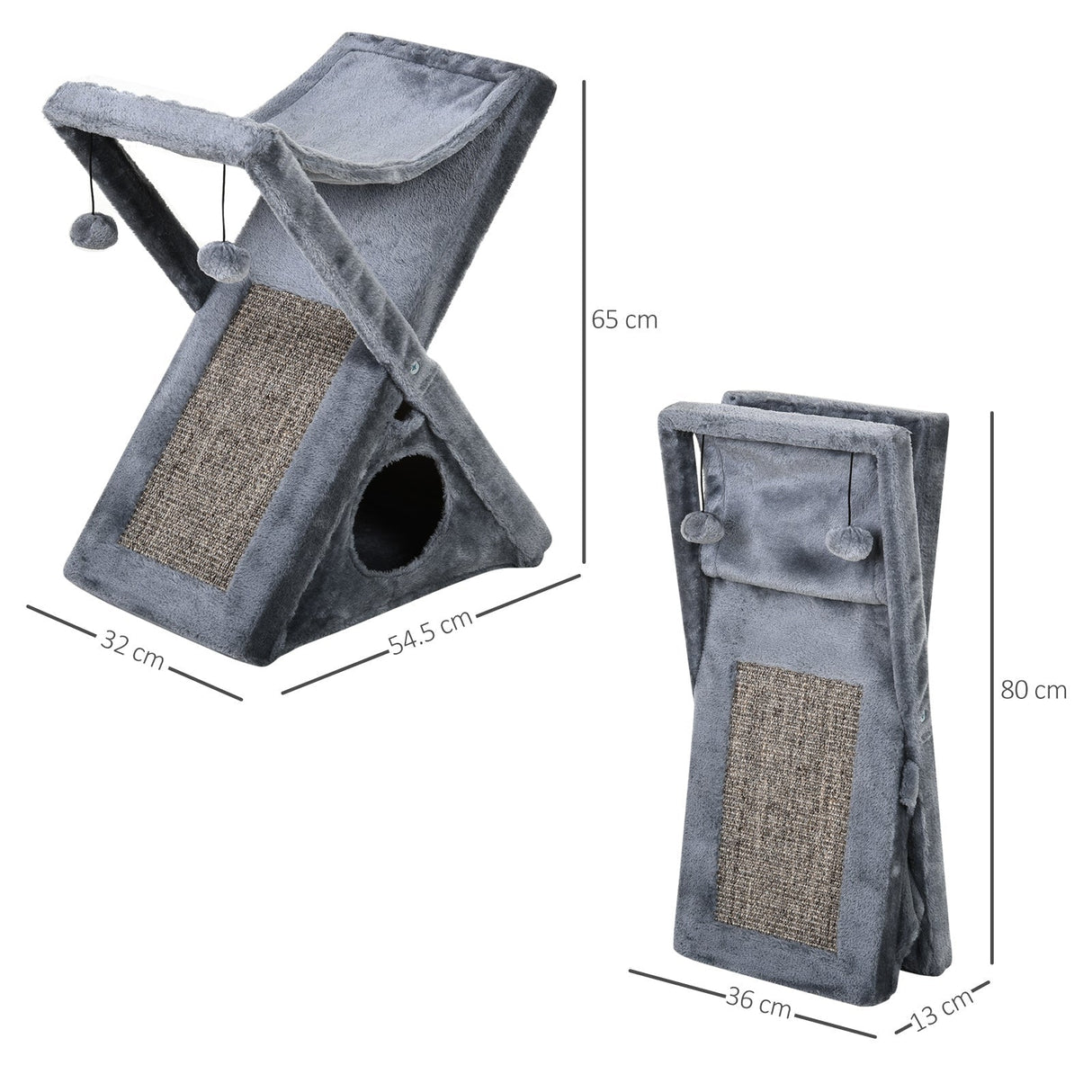 Two Tier Cat Tree for Indoor Cats Play Rest Activity Tower Plush Folding Relax Center w/ Scratching Post Hammock Pom Poms Grey, PawHut,