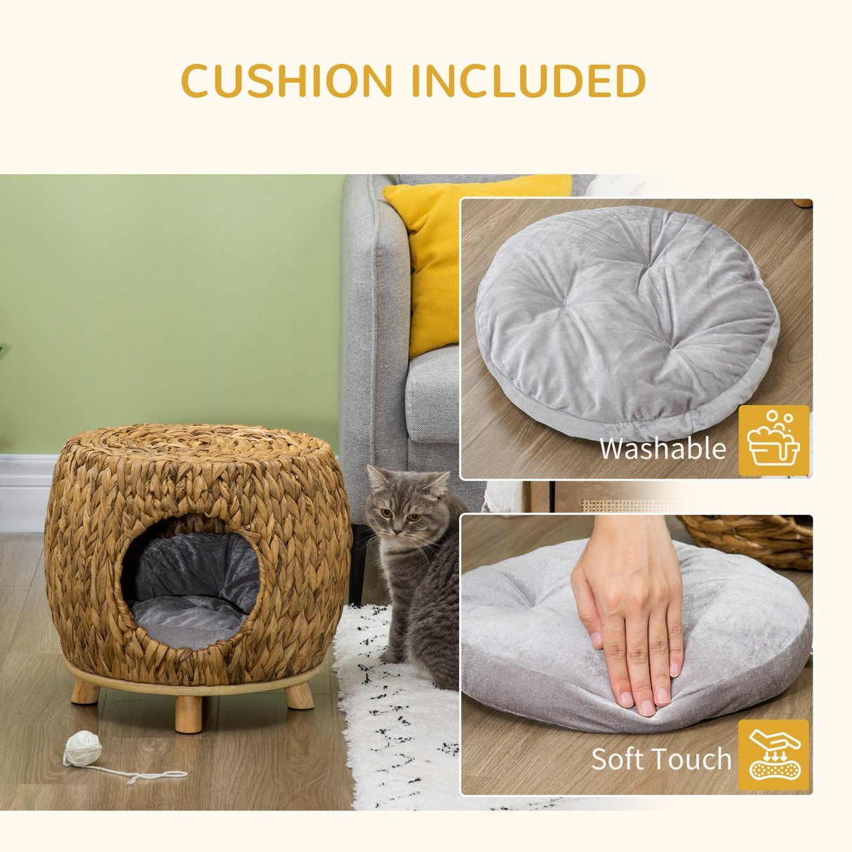 Wicker Cat Cave/House Stool with Soft Washable Cushion,Rattan Kitten Bed for Outdoor & Indoor Use, 44 x 43 x 41cm, PawHut,