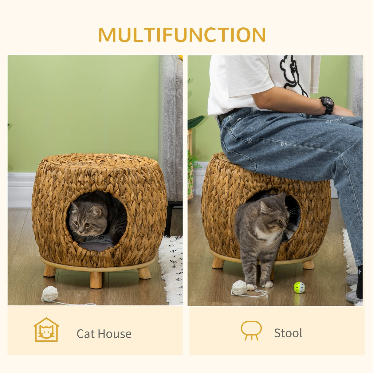 Wicker Cat Cave/House Stool with Soft Washable Cushion,Rattan Kitten Bed for Outdoor & Indoor Use, 44 x 43 x 41cm, PawHut,