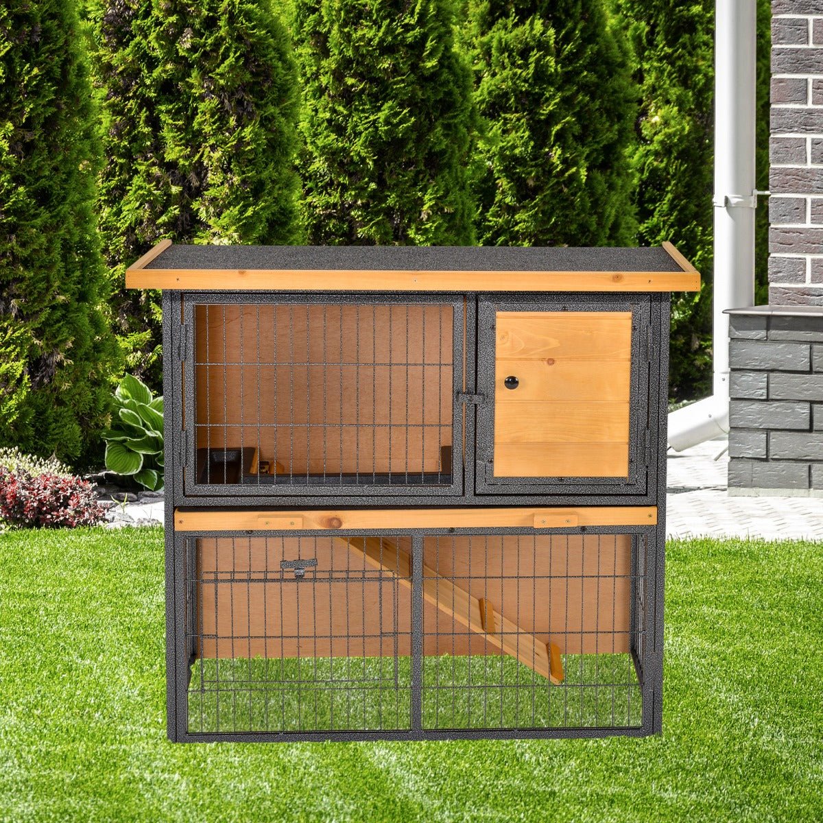 Wood-metal Rabbit Hutch Guinea Pig Hutch Elevated Pet House Bunny Cage with Slide-Out Tray Openable Roof Outdoor 89.5 x 45 x 81cm Light Yellow, PawHut,