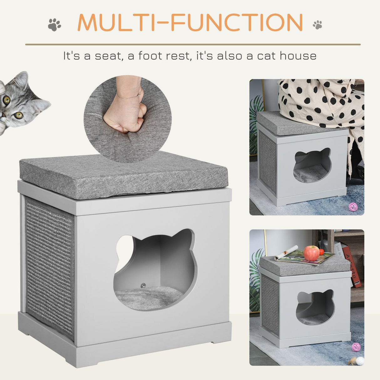 Wooden Cat House for Small Cat w/ Removable Scratching Pad and Soft Cushion, PawHut, Grey