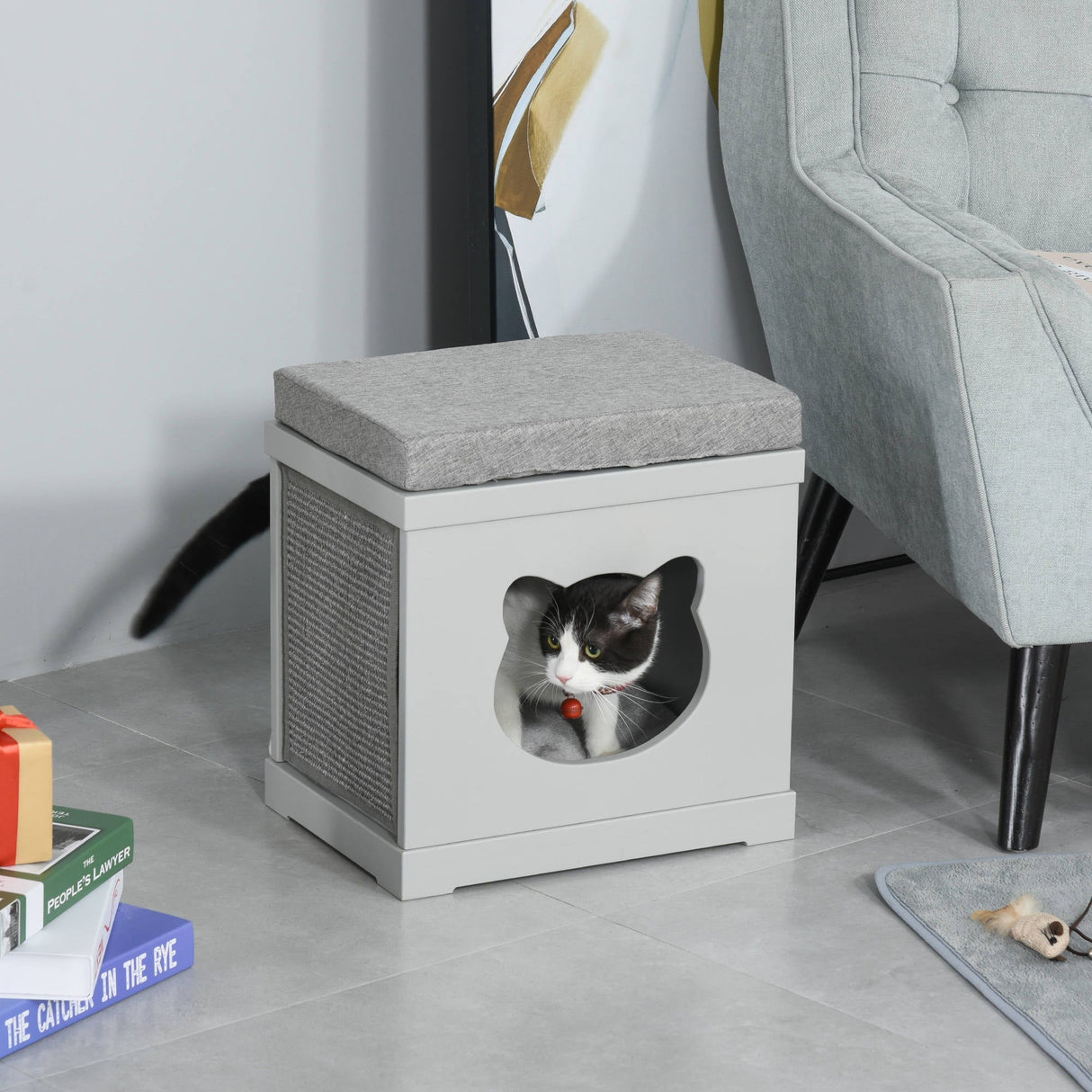 Wooden Cat House for Small Cat w/ Removable Scratching Pad and Soft Cushion, PawHut, Grey