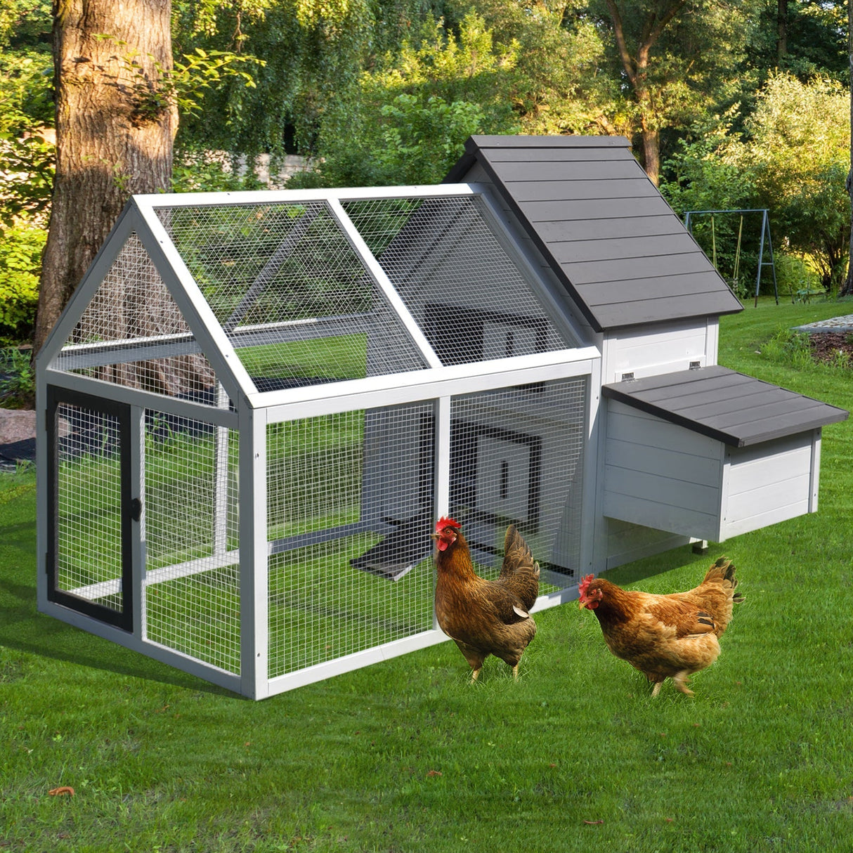 Wooden Chicken Coop & Run, Hen House with Nesting Box, 166cm, PawHut,