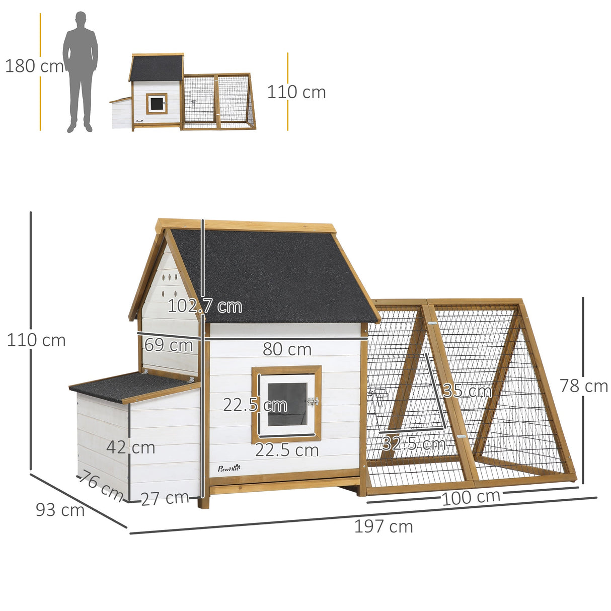 Wooden Chicken Coop with Run, Nesting Box, 197x93 cm, PawHut,