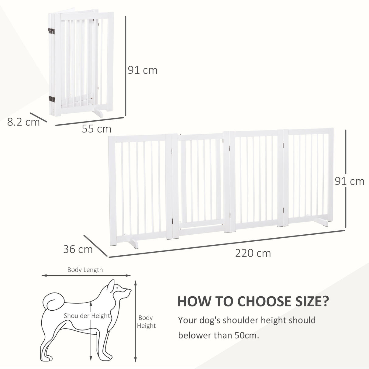 Wooden Freestanding Pet Gate 4 Panels 91cm Foldable Dog Safety Fence with 2 Support Feet Walk-through Door for Doorway Stairs, PawHut,