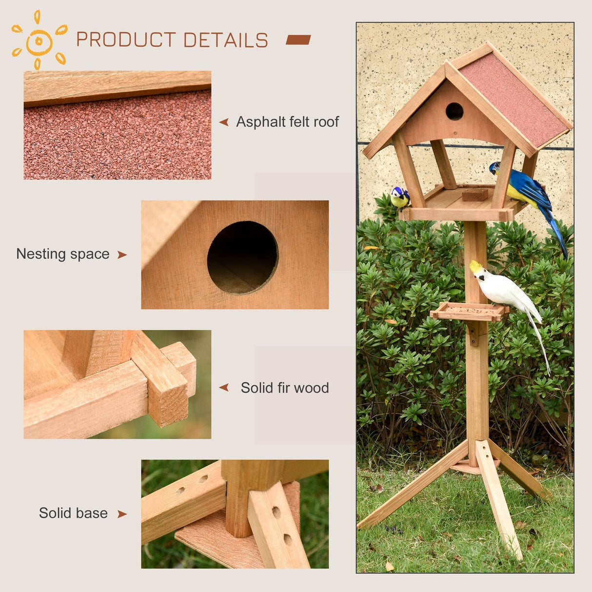 Wooden Garden Bird Feeder Stand - Weatherproof, 49x45x139cm, PawHut,