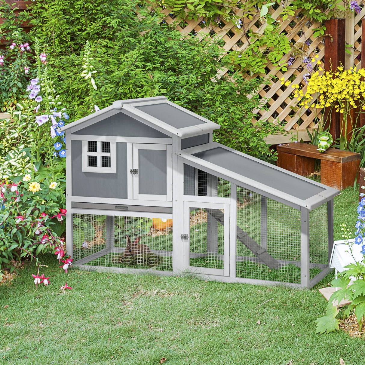 Wooden Rabbit Hutch, 2 Tier Guinea Pig Cage, Bunny Run, Small Animal House for Indoor Outdoor with Sunlight Panel Roof Slide-out Tray, 150 x 66 x 100cm, Grey, PawHut,