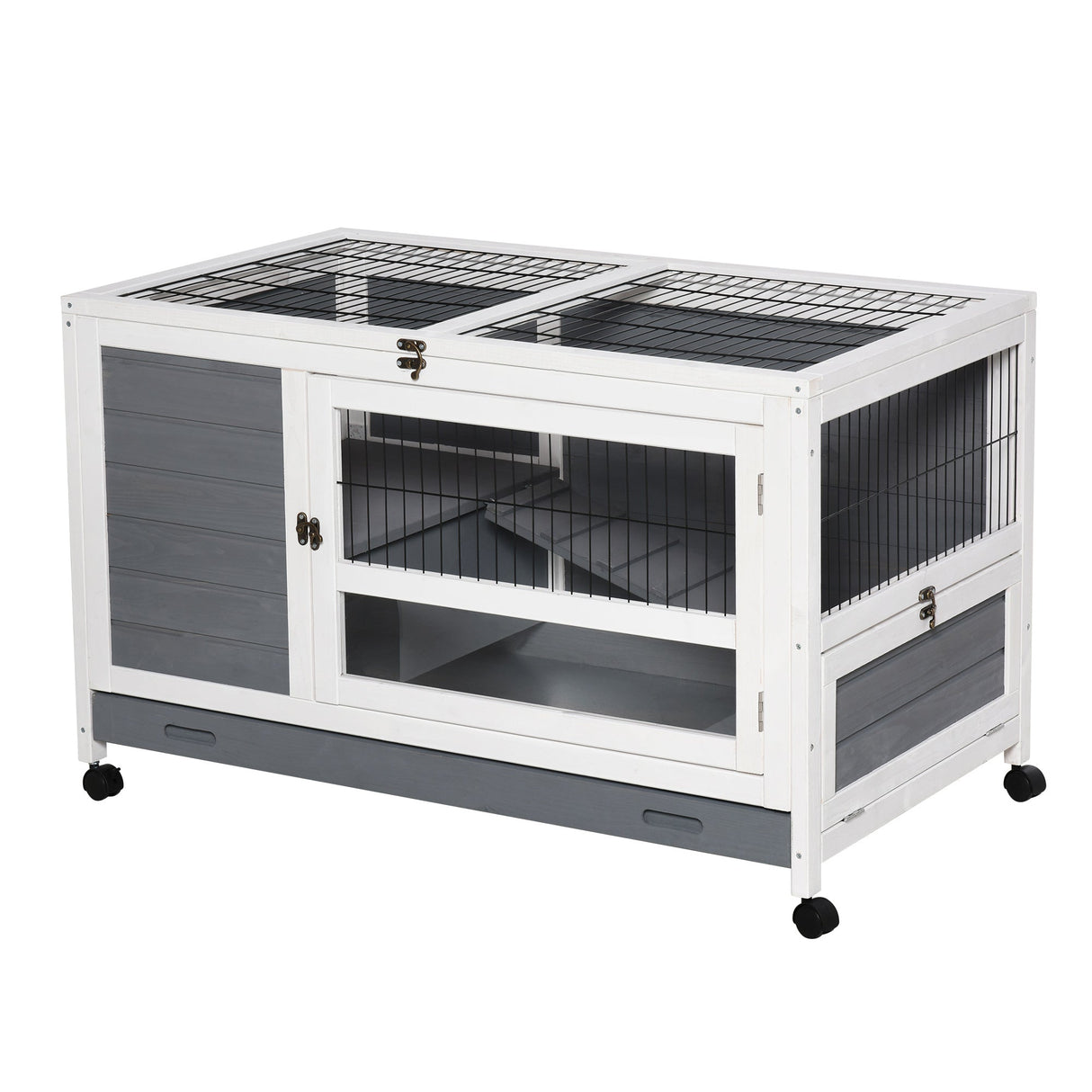 Wooden Rabbit Hutch Elevated Pet Bunny House Rabbit Cage with Slide-Out Tray Indoor Grey, PawHut,