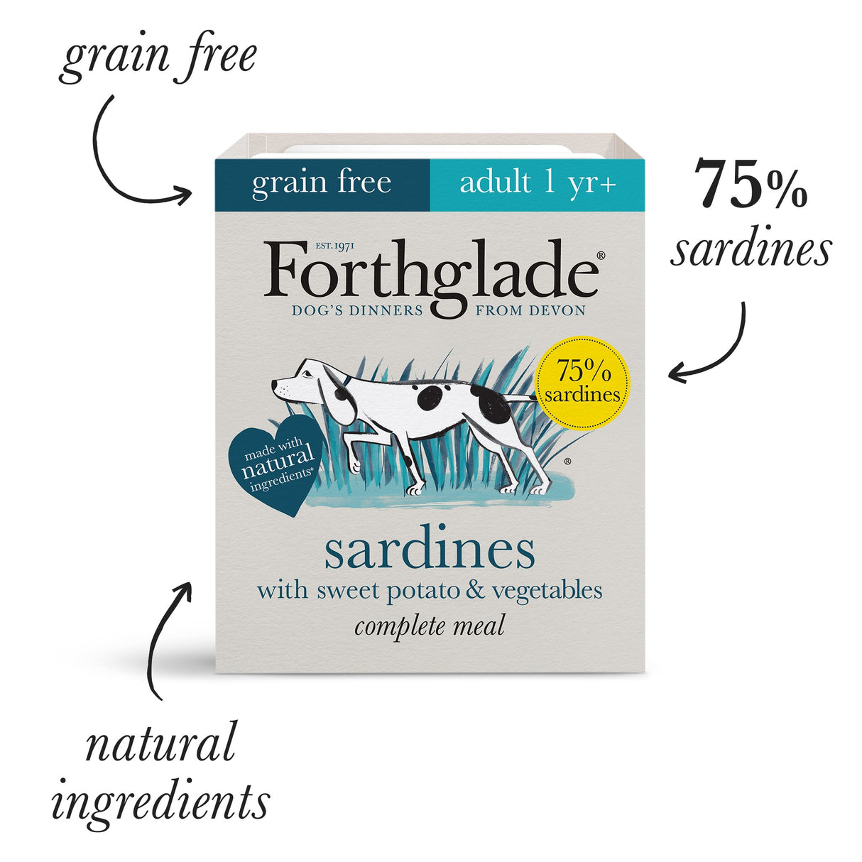 Forthglade Adult Dog Complete Grain Free Sardines with Sweet Potato & Veg Trays 18x395g