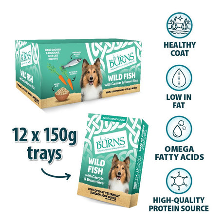 Burns Wet Dog Food Trays of Wild Fish with Carrots & Brown Rice, Burns, 12x150g