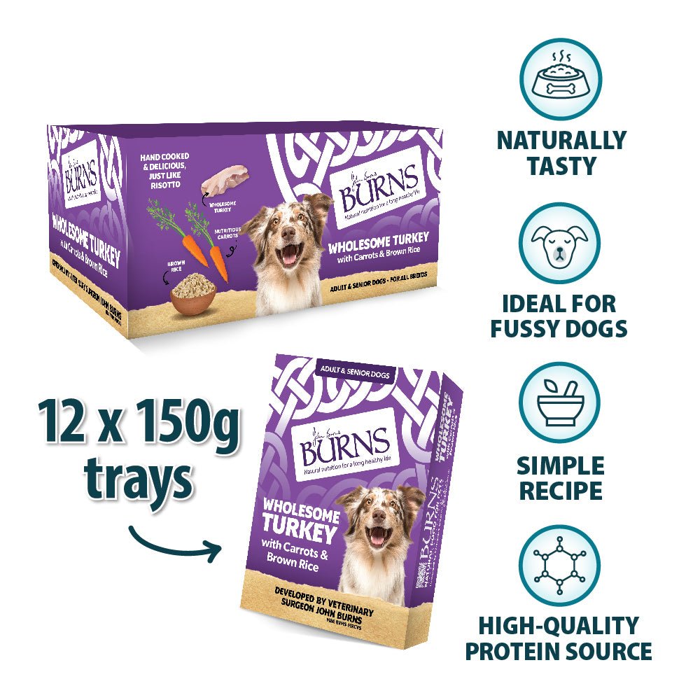 Burns Wet Dog Food Trays Wholesome Turkey with Carrots & Brown Rice, Burns, 12x150g