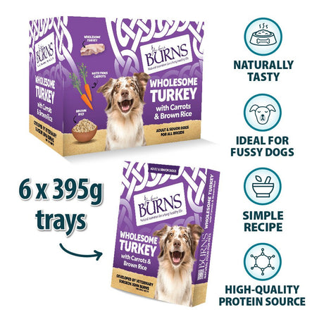 Burns Wet Dog Food Trays Wholesome Turkey with Carrots & Brown Rice, Burns, 6x395g