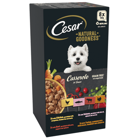 Cesar Natural Goodness Grain Free Variety Pack Wet Dog Food in Casserole Trays, Cesar, 3x (8x100g)