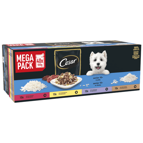 Cesar Senior 10+ Mixed Selection Mega Pack Wet Dog Food Pouches in Jelly 40x100g, Cesar,