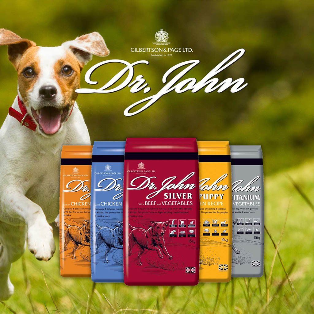 Dr Dohn dry dog food banner picture with dog to side and behind of bags. Dr John link