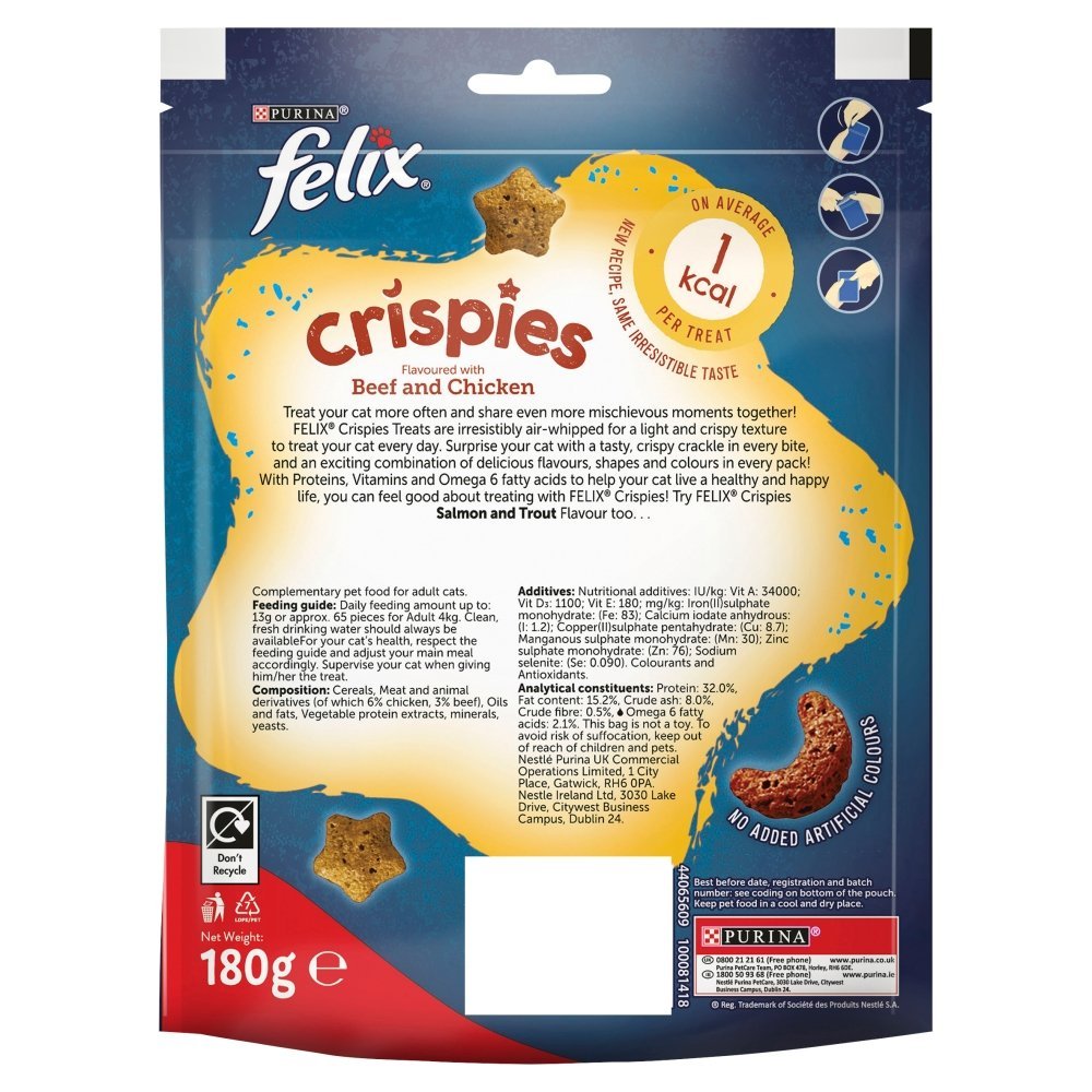 Felix Crispies Beef & Chicken Cat Treats, Felix, 5 x 180g