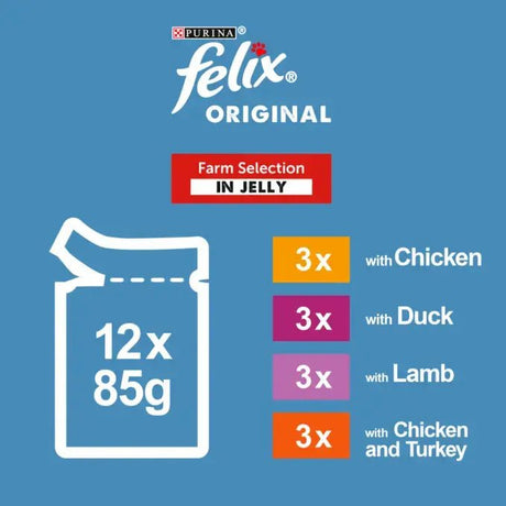 Felix Original Farm Selection In Jelly Wet Cat Food - 4 Boxes of (12x85g), Felix, 4x (12x85g)