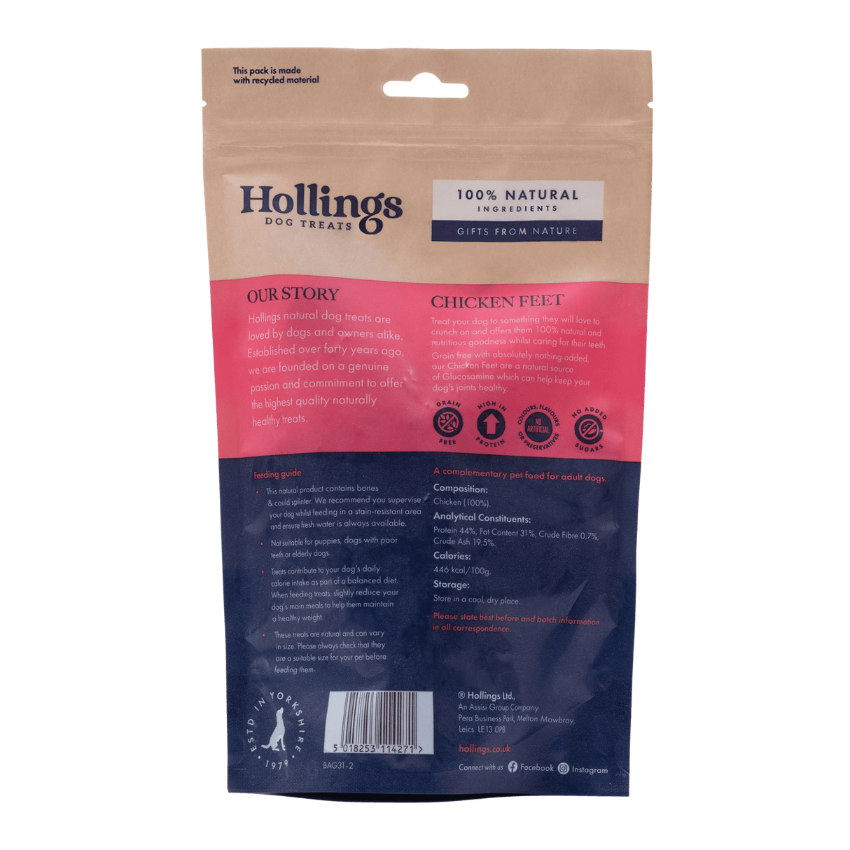 Hollings 100% Natural Chicken Feet Dog Treat - 8 x 100g, Hollings,