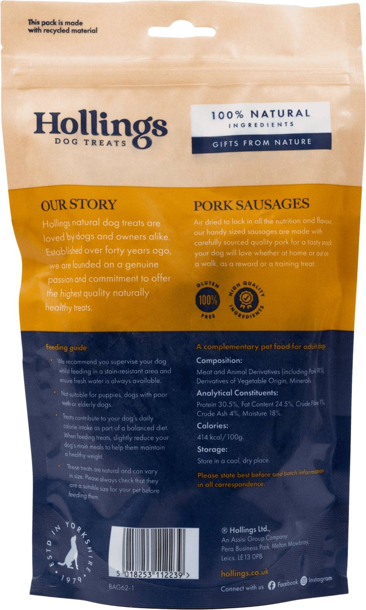 Hollings Gourmet Pork Sausage Dog Treats, Hollings, 2kg (10 x 200g Bags)