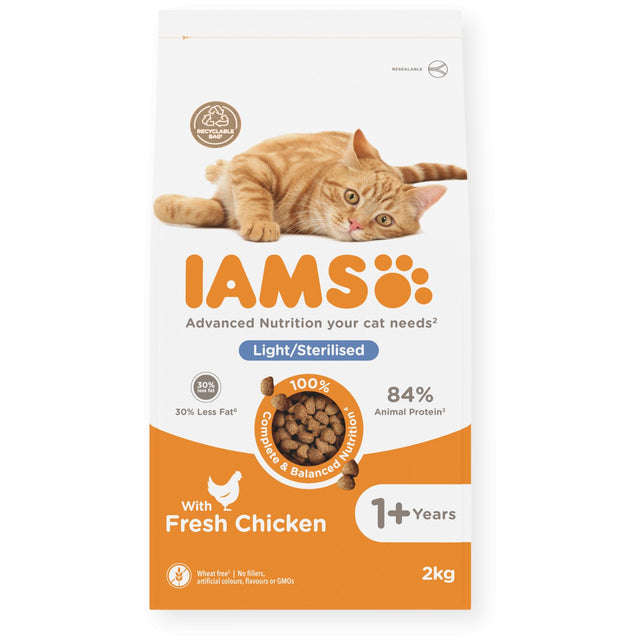 IAMS Adult Cat Light in Fat/Sterilised Dry Food with Chicken - 2 x 2kg, IAMS,