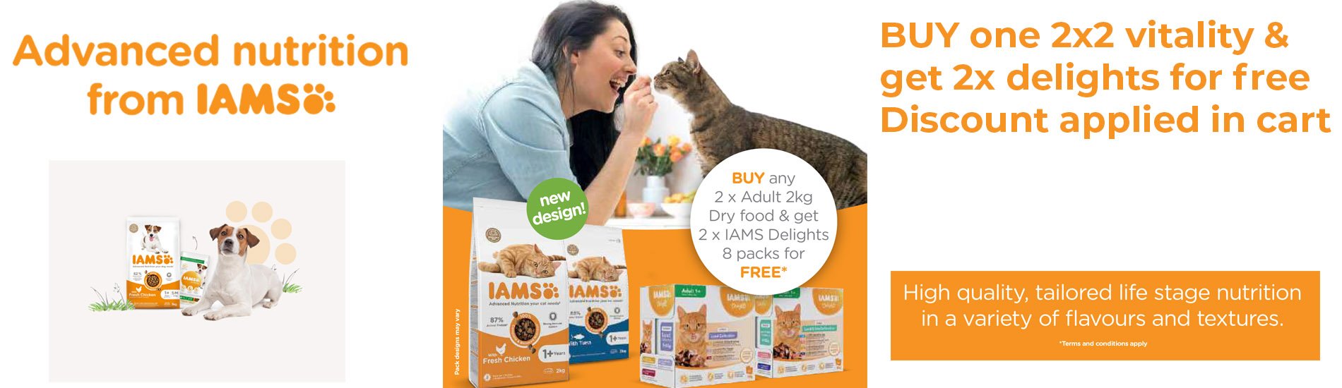 IAMS February Cat food promotion banner buy one 2x2kg vitality, get free 2x iams delights.