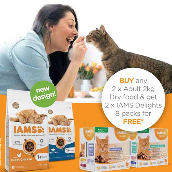 IAMS February Cat food promotion banner buy one 2x2kg vitality, get free 2x iams delights.