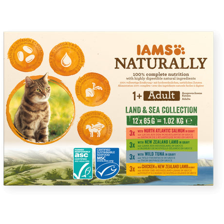 IAMS Naturally Land & Sea Adult Cat Wet Food Collection - 12 x 85g, IAMS,