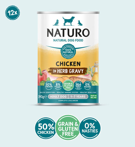 Naturo Adult Dog Grain & Gluten Free Chicken in Herb Gravy Tins 12x390g, Naturo,
