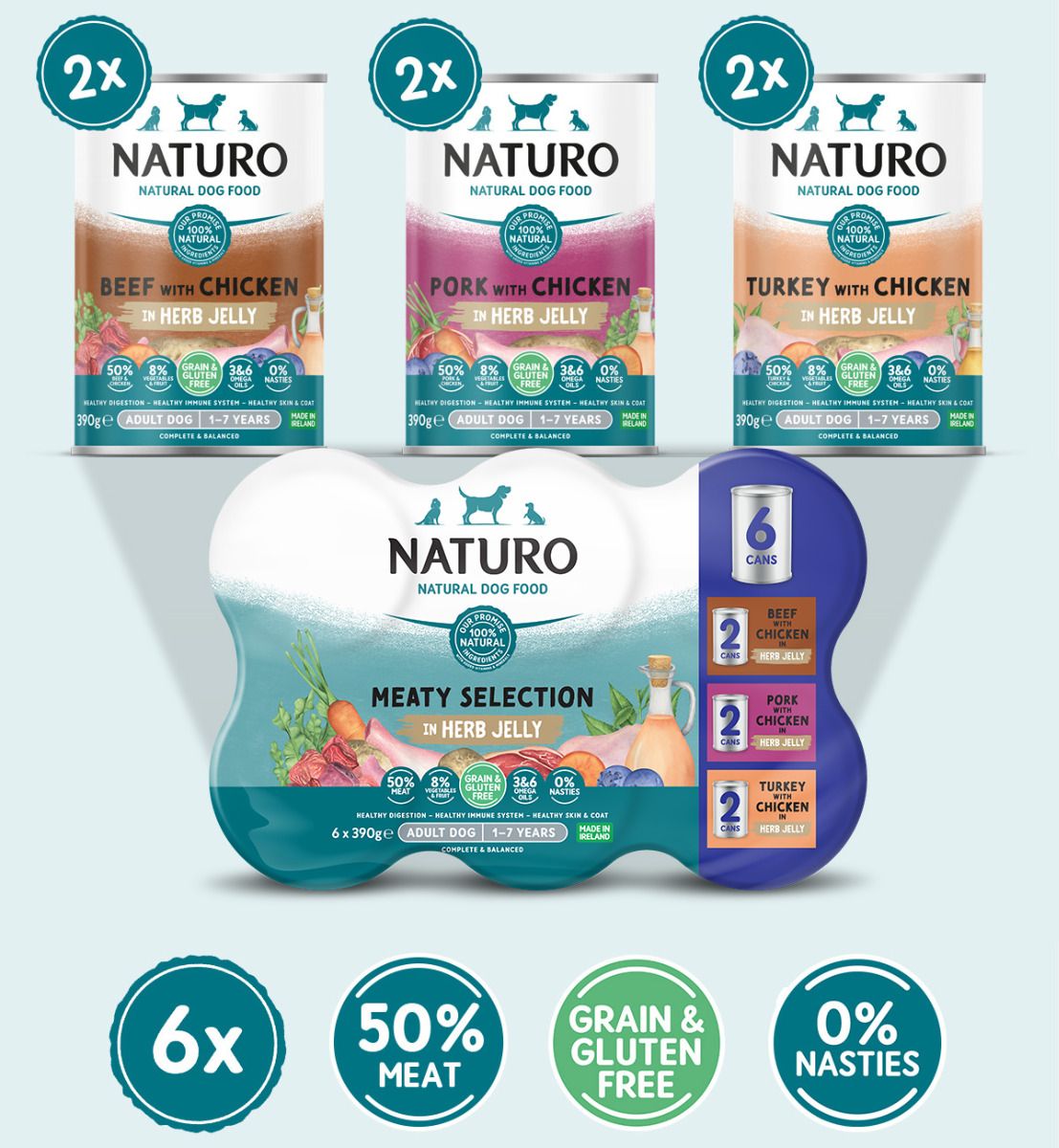 Naturo Adult Dog Grain & Gluten Free Meaty Selection in Herb Jelly Tins 4x (6x390g), Naturo,