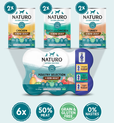 Naturo Adult Dog Grain & Gluten Free Poultry Selection in Herb Gravy Tins 4x (6x390g), Naturo,