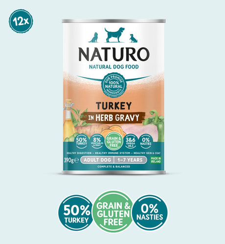Naturo Adult Dog Grain & Gluten Free Turkey in Herb Gravy Tins 12x390g, Naturo,