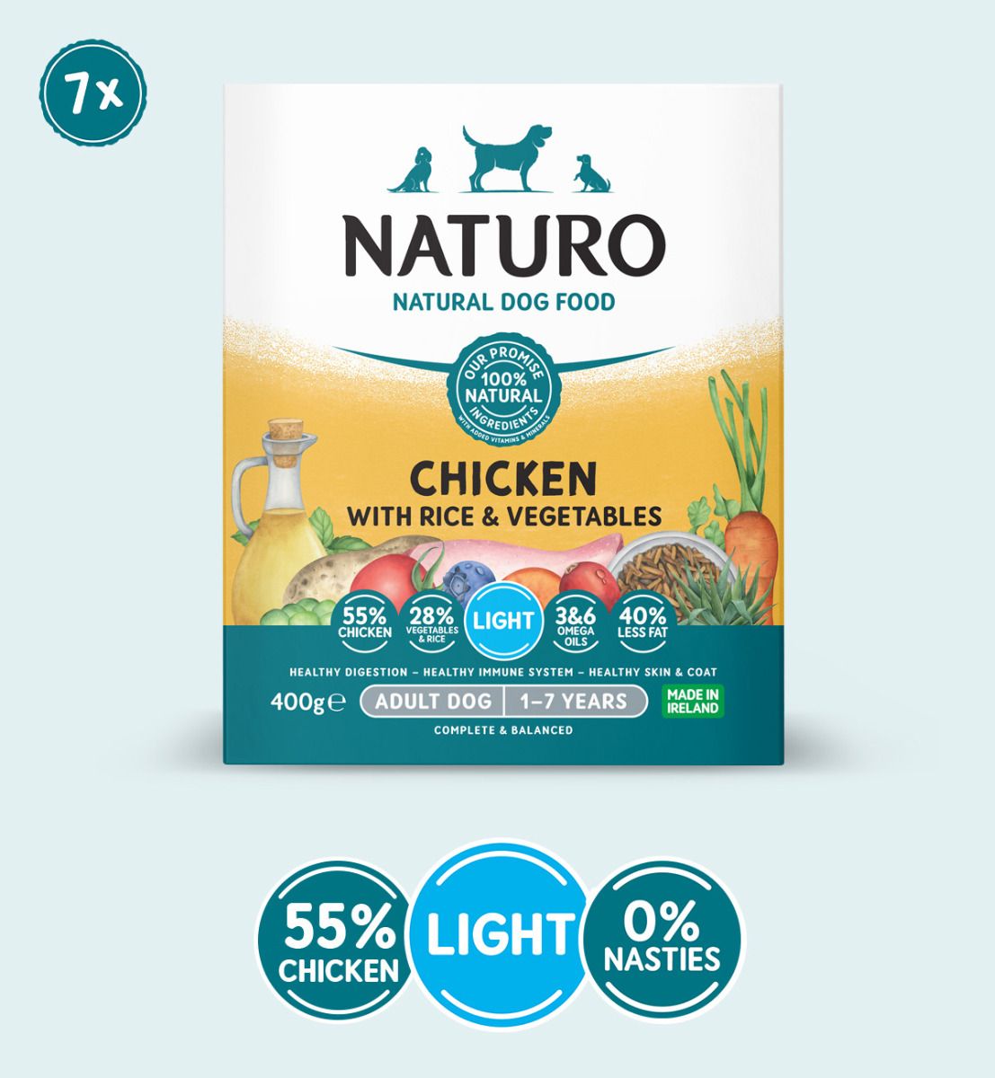 Naturo Adult Dog Light Chicken with Rice and Veg Tray 400g x 7, Naturo,