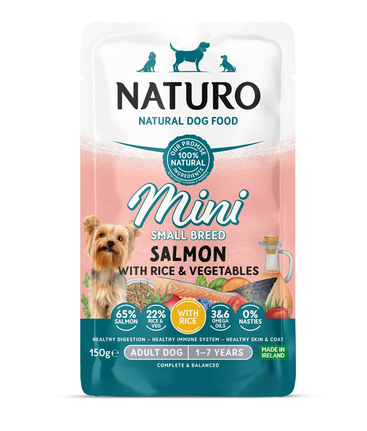 Naturo Adult Mini Dog Salmon with Rice and Vegetables Pouch 150g x 8, Naturo,