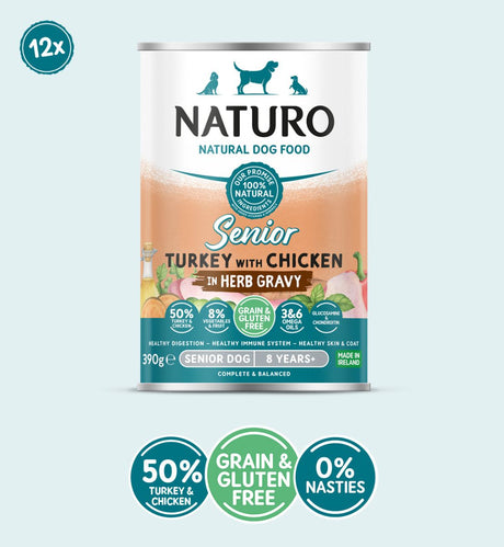 Naturo Senior Dog Grain & Gluten Free Turkey with Chicken in Herb Gravy Tins 390g x 12, Naturo,