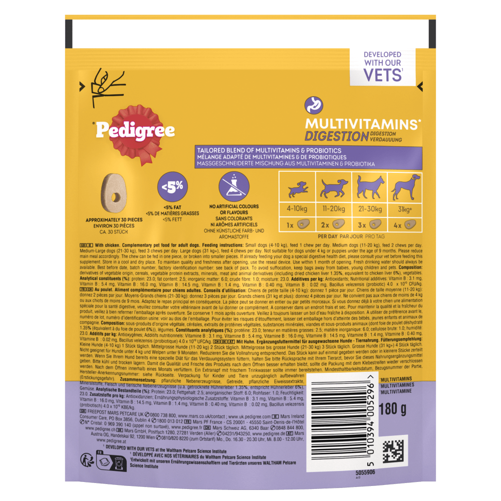 Pedigree Multivitamins Digestion Soft Dog Chews - 6 x 180g Packs, Pedigree,