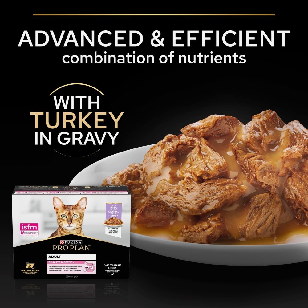 Pro Plan Adult Delicate Digestion with Turkey in Gravy Wet Cat Food - 4 Pack, Pro Plan, 4x (10x85g)