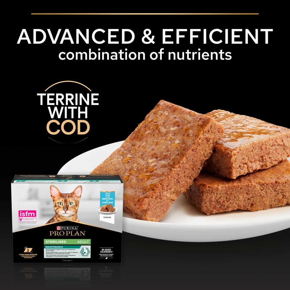 Pro Plan Adult Sterilised Maintenance Terrine with Cod Wet Cat Food - 4 Pack, Pro Plan, 4x (10x75g)