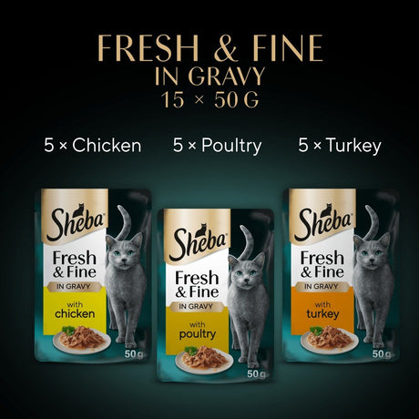 Sheba Fresh & Fine Adult Chicken & Poultry & Turkey in Gravy Pouches - 45 x 50g, Sheba,